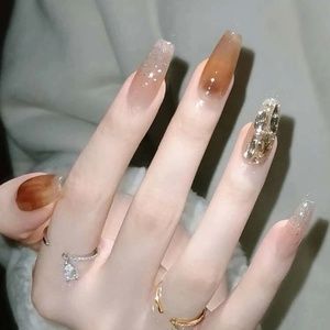 24pcs Long Coffin Brown Glitter Rhinestone Press-on Nails